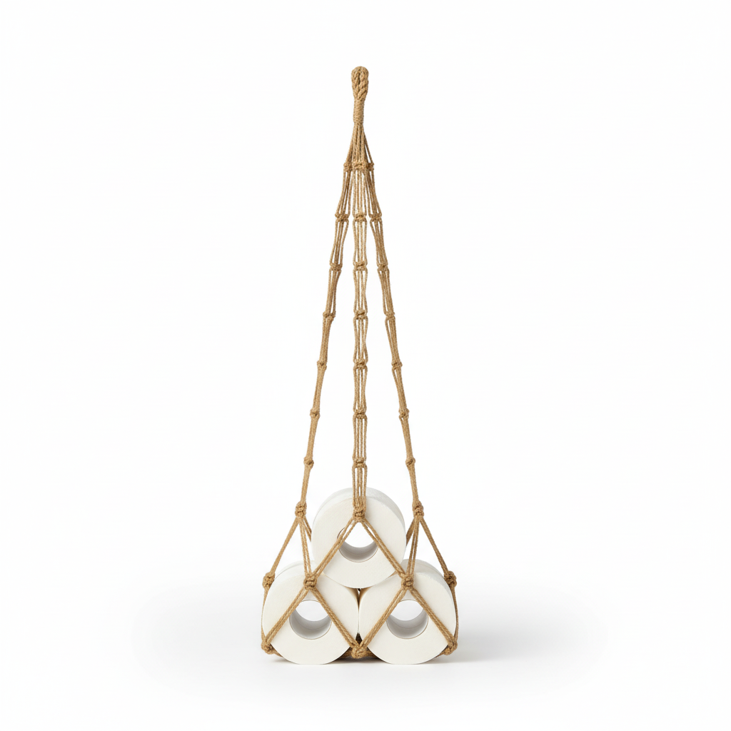Natural cotton hanging organizer, Nordic design, perfect for bathroom storage and toilet paper.