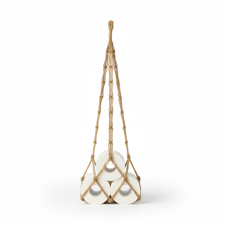 Natural cotton hanging organizer, Nordic design, perfect for bathroom storage and toilet paper.