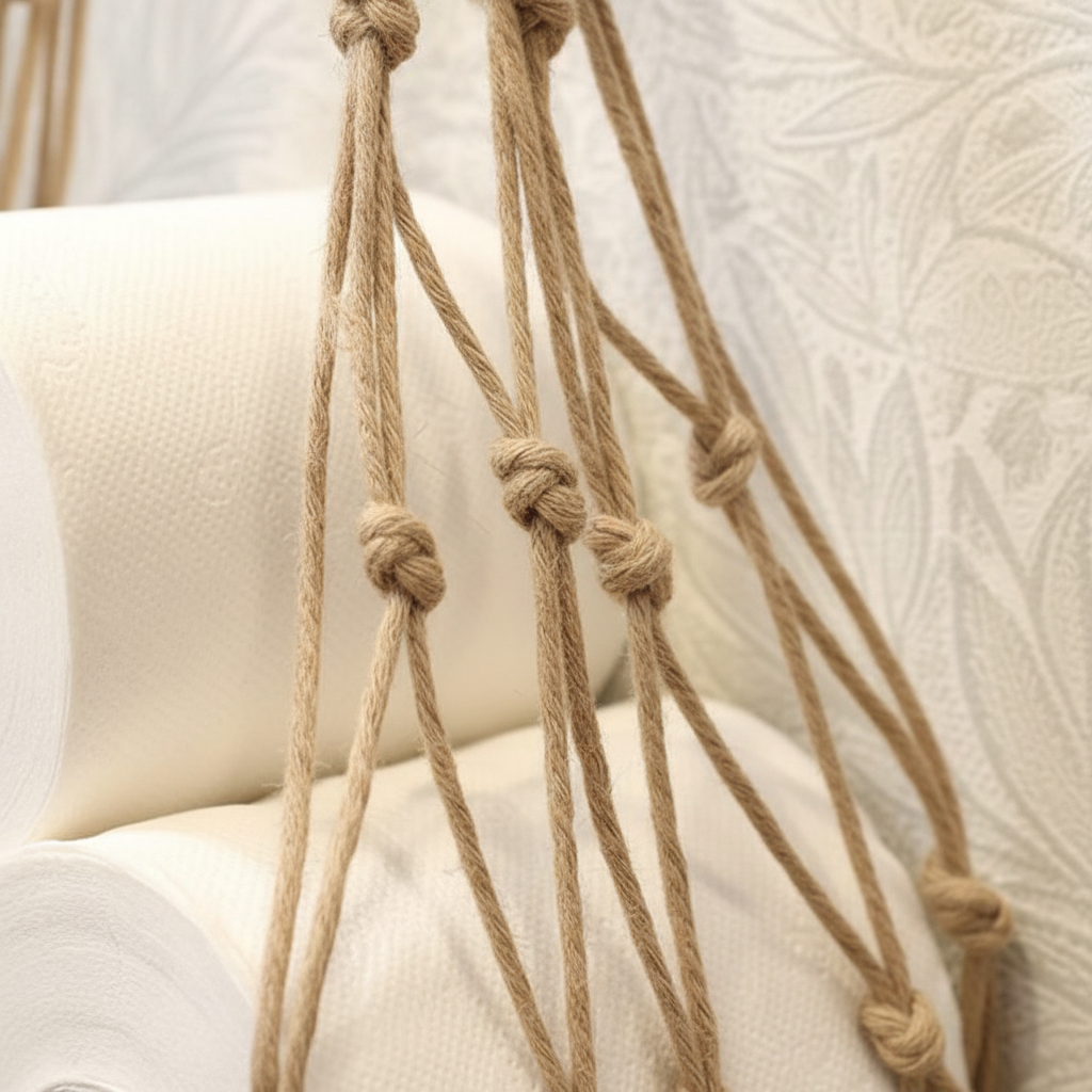 Hand-knotted Nordic Cotton Hanging Organizer, perfect for toilet paper storage with a natural aesthetic.