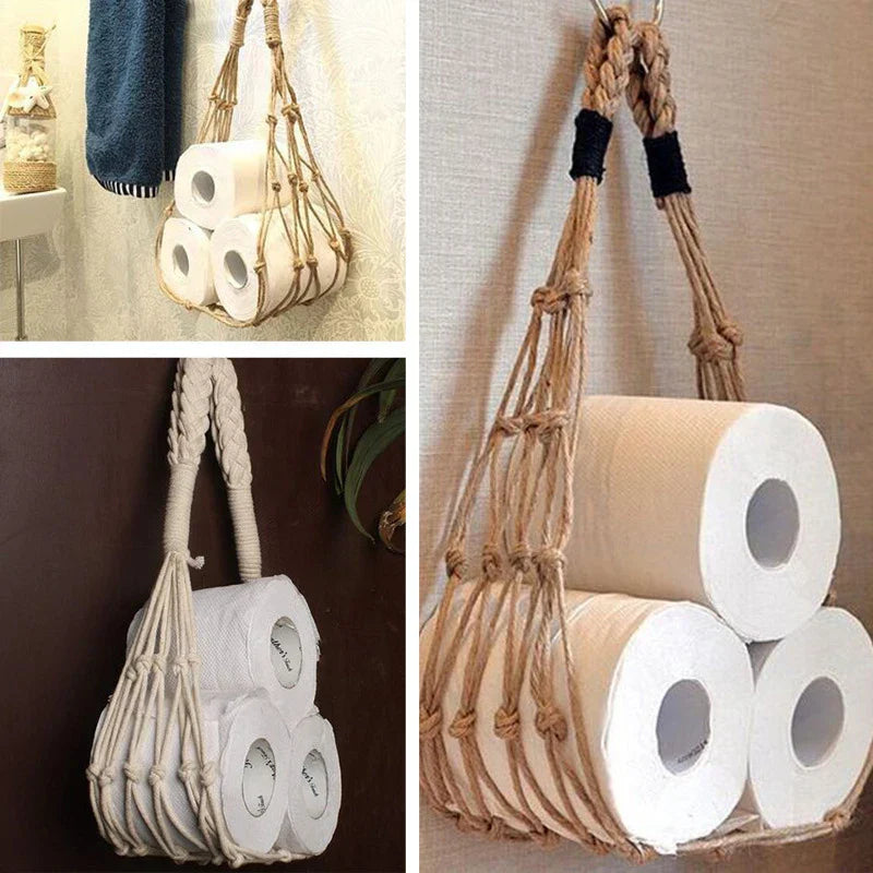 Nordic decor hanging storage, natural cotton rope holder, space-saving and minimalist for bathrooms.