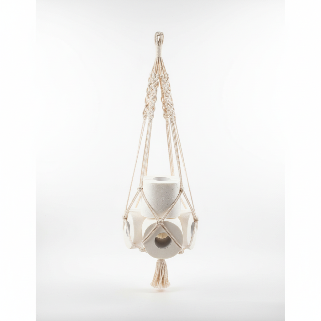Macrame-style cotton toilet paper holder, soft texture, practical bathroom storage