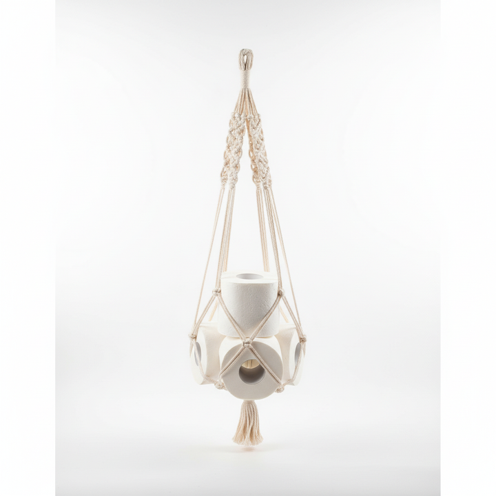 Macrame-style cotton toilet paper holder, soft texture, practical bathroom storage