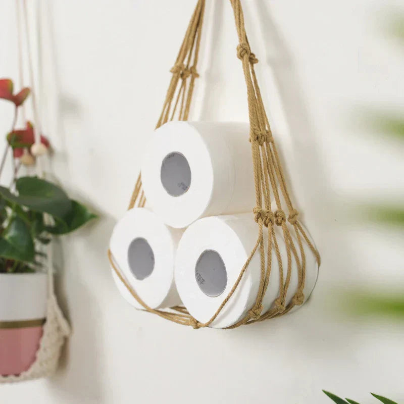 Eco-friendly cotton rope toilet paper holder, stylish bathroom storage solution