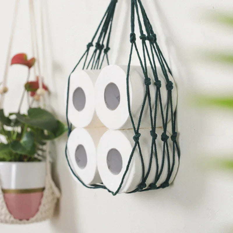 Nordic style dangling cotton toilet paper holder, perfect for small spaces