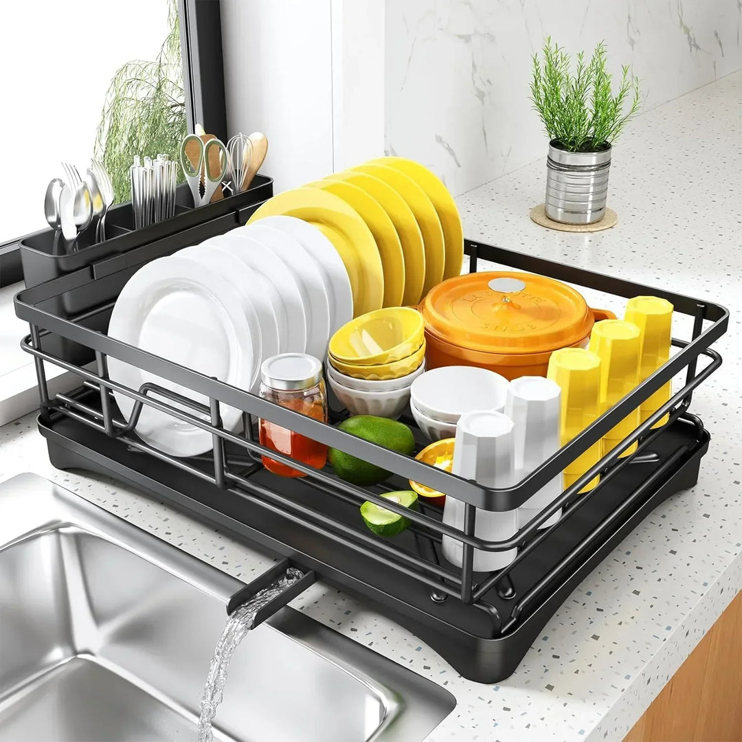 Nova rustproof dish drying rack with black drainboard and large cutlery holder for kitchen