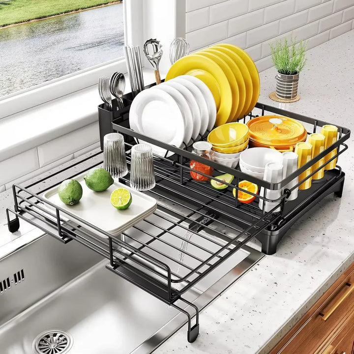 Dish rack for kitchen counter with self-draining board and ample cutlery drying space