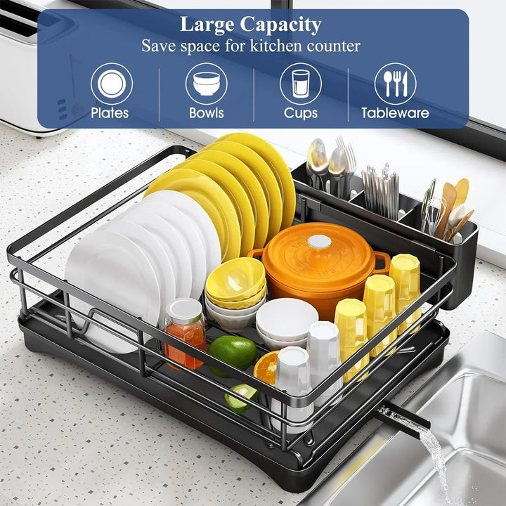 Compact kitchen dish drying rack with integrated drainboard and spacious cutlery holder for efficient drying.