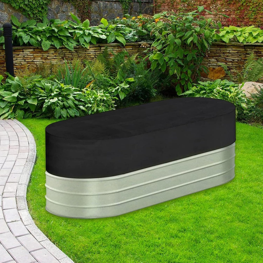 Novyra waterproof UV-resistant rip-proof ice bath cover protecting an outdoor stock tank.