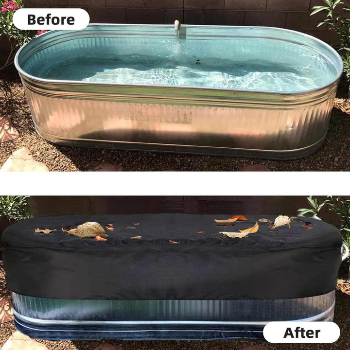 Novyra UV-resistant ice bath tank cover on a round stock tank, securing cold plunge.