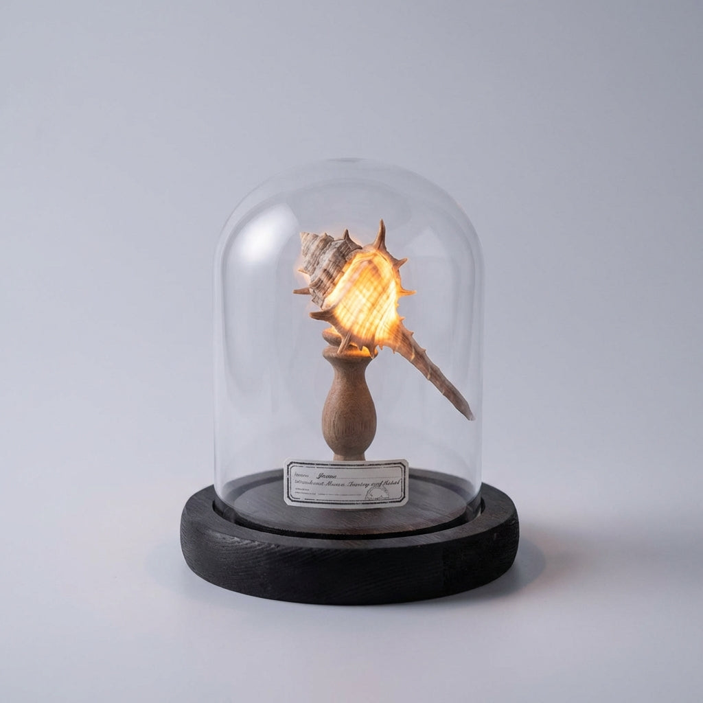 Tabletop view of Ocealyn seashell LED night light, illuminating a cozy room setting