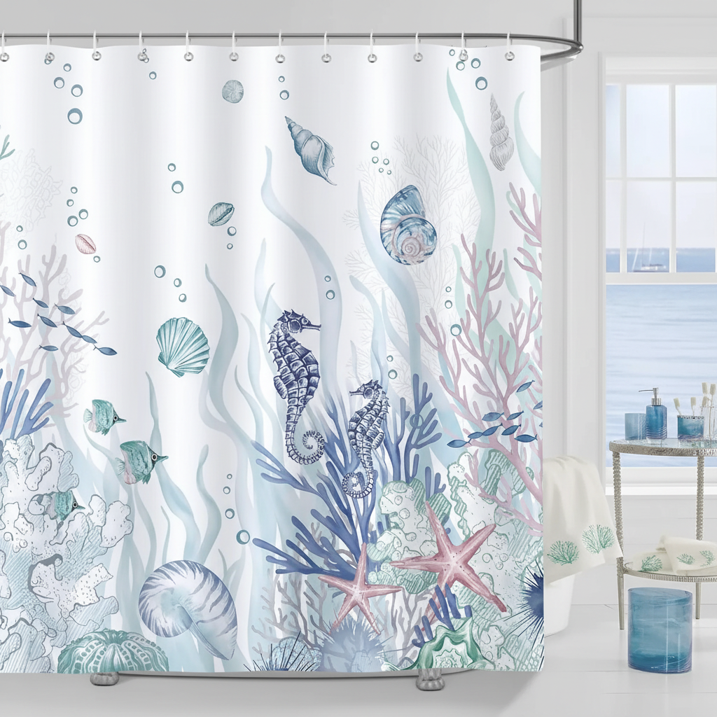 Ocean Themed polyester shower curtain, marine life pattern, coastal bathroom decor