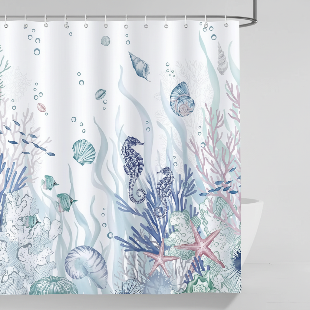 Waterproof OceanMuse shower curtain, polyester fabric, vibrant ocean design, easy care home decor