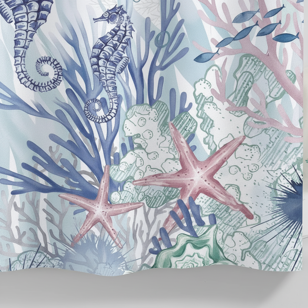 Decorative ocean theme shower curtain, fish and coral pattern, ideal for coastal bathroom