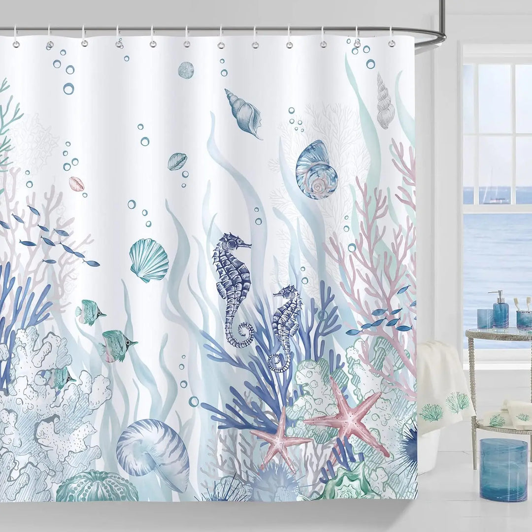 Polyester shower curtain with various ocean life, blue and green hues, Ozeanmotiv design