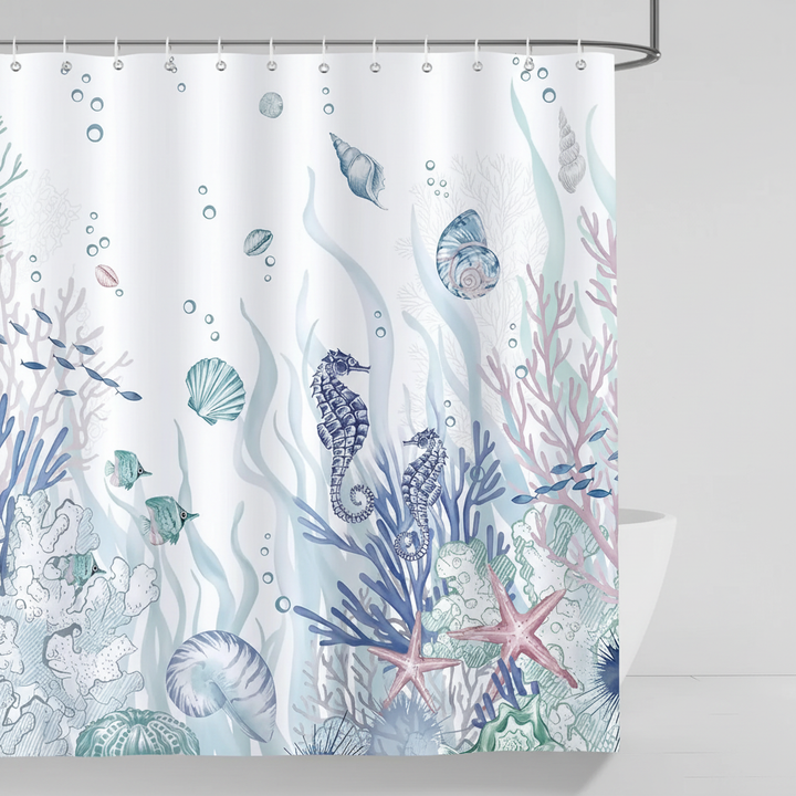 Ocean Breeze polyester shower curtain featuring a vibrant blue marine pattern, ideal for coastal bathroom decor.