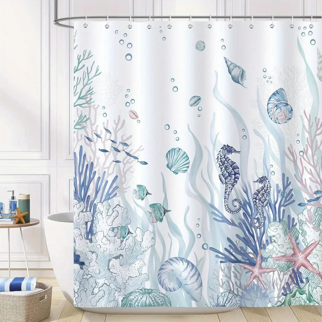 Blue marine coastal shower curtain, polyester, waterproof, for an ocean-themed bathroom.