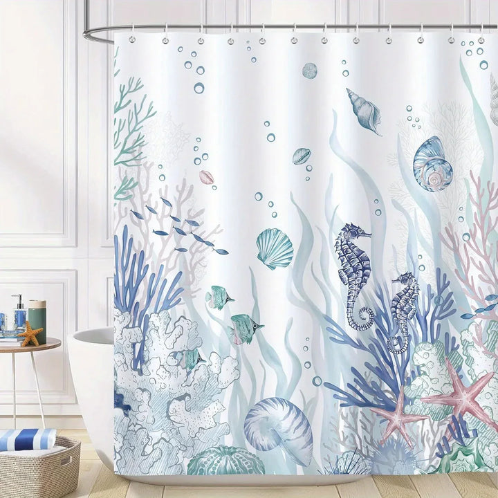 Blue marine coastal shower curtain, polyester, waterproof, for an ocean-themed bathroom.