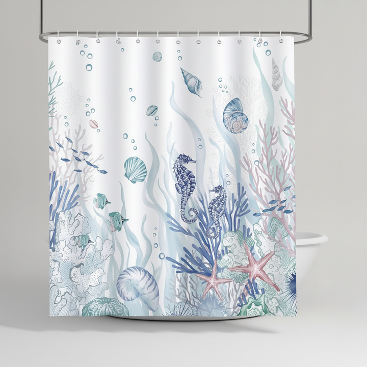 OceanMuse polyester shower curtain, waterproof and easy clean, with a serene ocean breeze motif.