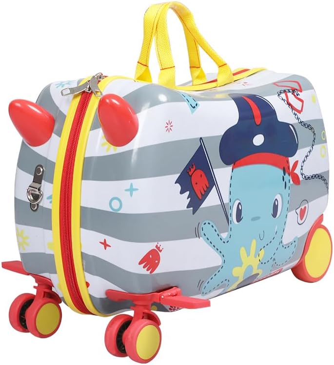 Octopus pattern children's 2-in-1 ride-on scooter suitcase with 360 wheels, perfect kids travel carry-on.