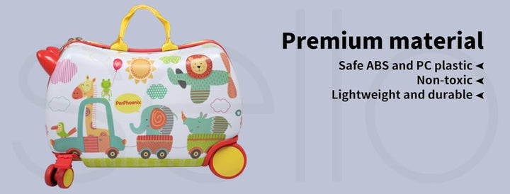 Kids carry-on: octopus design scooter suitcase in motion, showing its 360-degree swivel wheels.