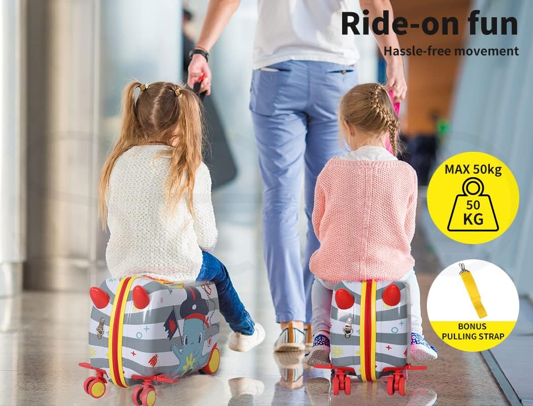 A happy child with their octopus pattern ride-on scooter suitcase, ready for family travel.
