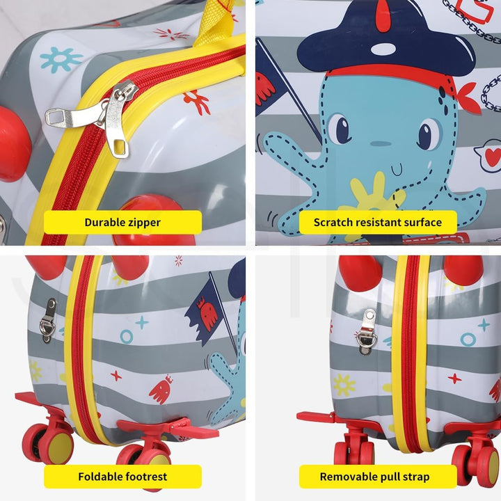 Toddler happily riding an octopus themed scooter suitcase, ideal for kids travel and adventures.