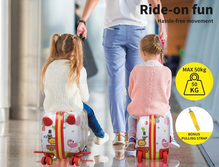 Top-down view of the durable octopus patterned child's luggage, functioning as both suitcase and scooter.