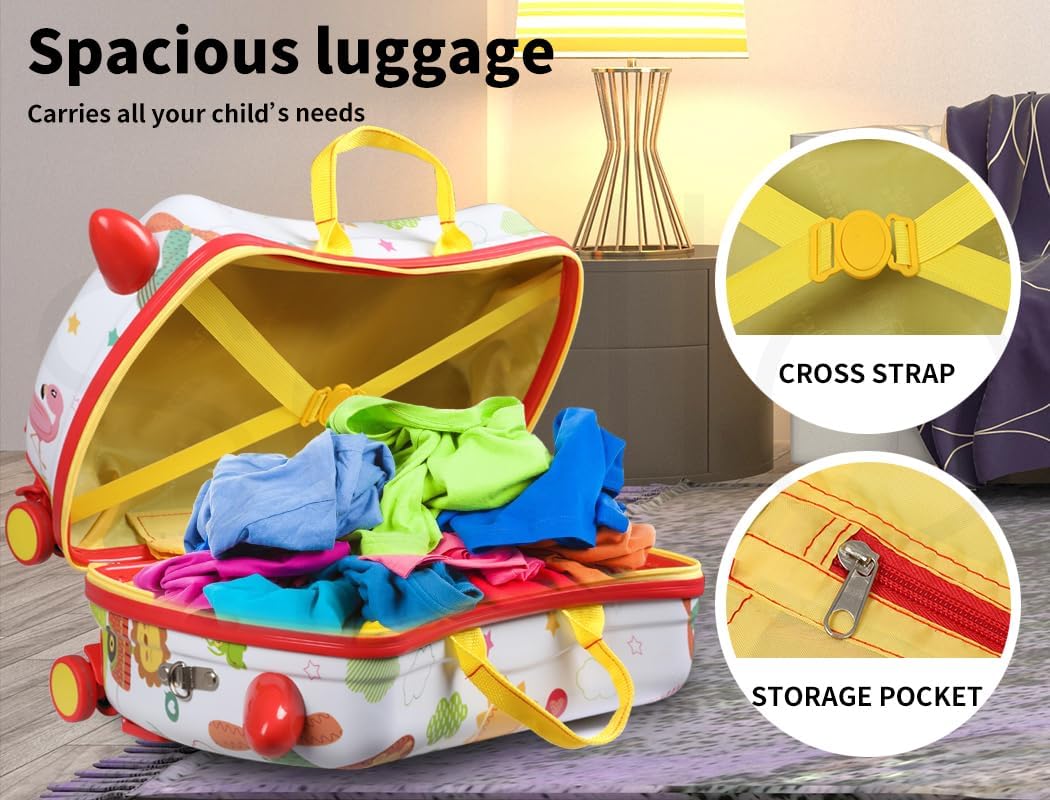 A child easily navigating an airport with their octopus ride-on scooter suitcase, 360-degree mobility.