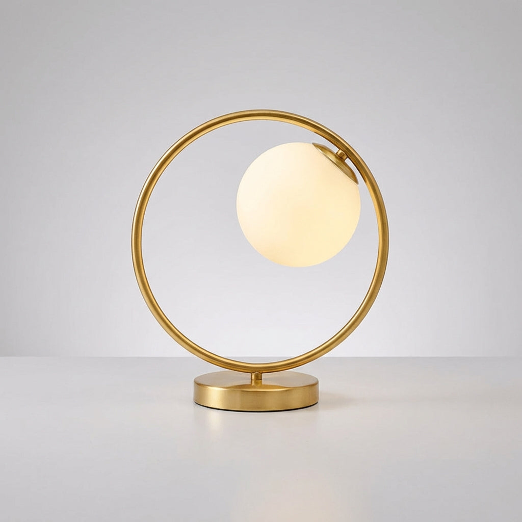 Orbella contemporary LED dimmable ring table lamp, enhancing home decor with its unique design.