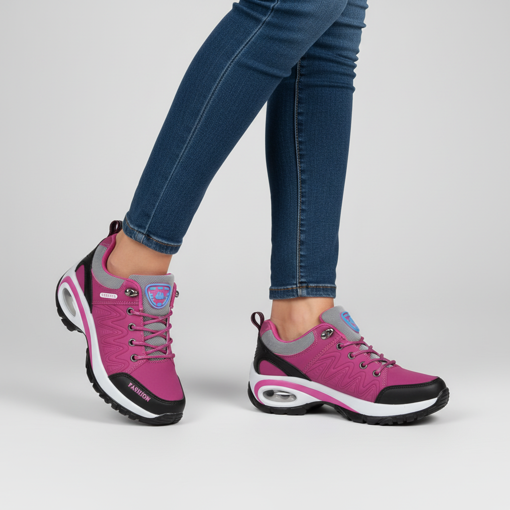 Side view of heather orthopedic women's hiking shoe, emphasizing lightweight design