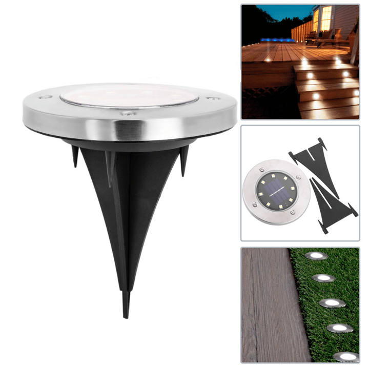 Outdoor solar ground lights, wireless LED landscape lighting, waterproof stainless steel for garden paths.