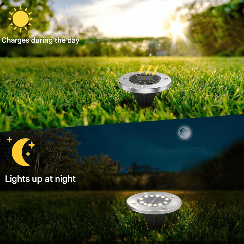 Wireless solar LED path lights, bright garden landscape lighting, stainless steel design with auto dusk-to-dawn.