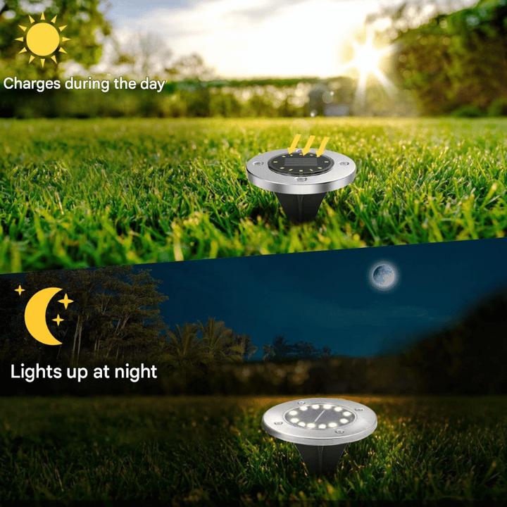 Wireless solar LED path lights, bright garden landscape lighting, stainless steel design with auto dusk-to-dawn.