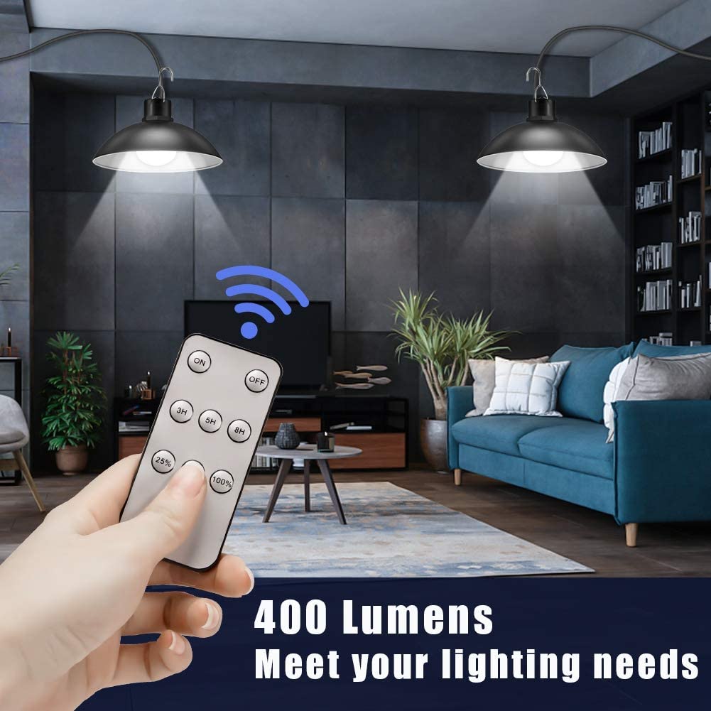 Solar LED shed light set with remote control. Wireless outdoor lighting for garden & emergencies.