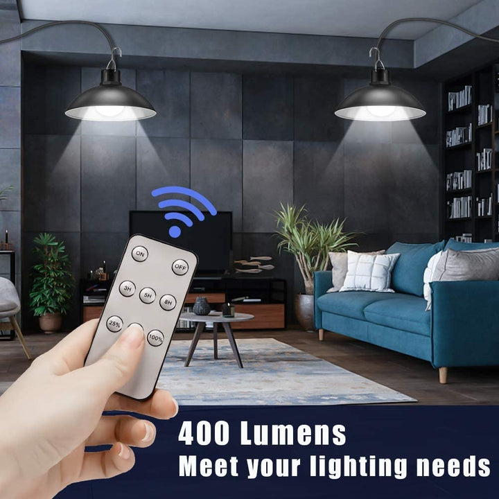 Solar LED shed light set with remote control. Wireless outdoor lighting for garden & emergencies.