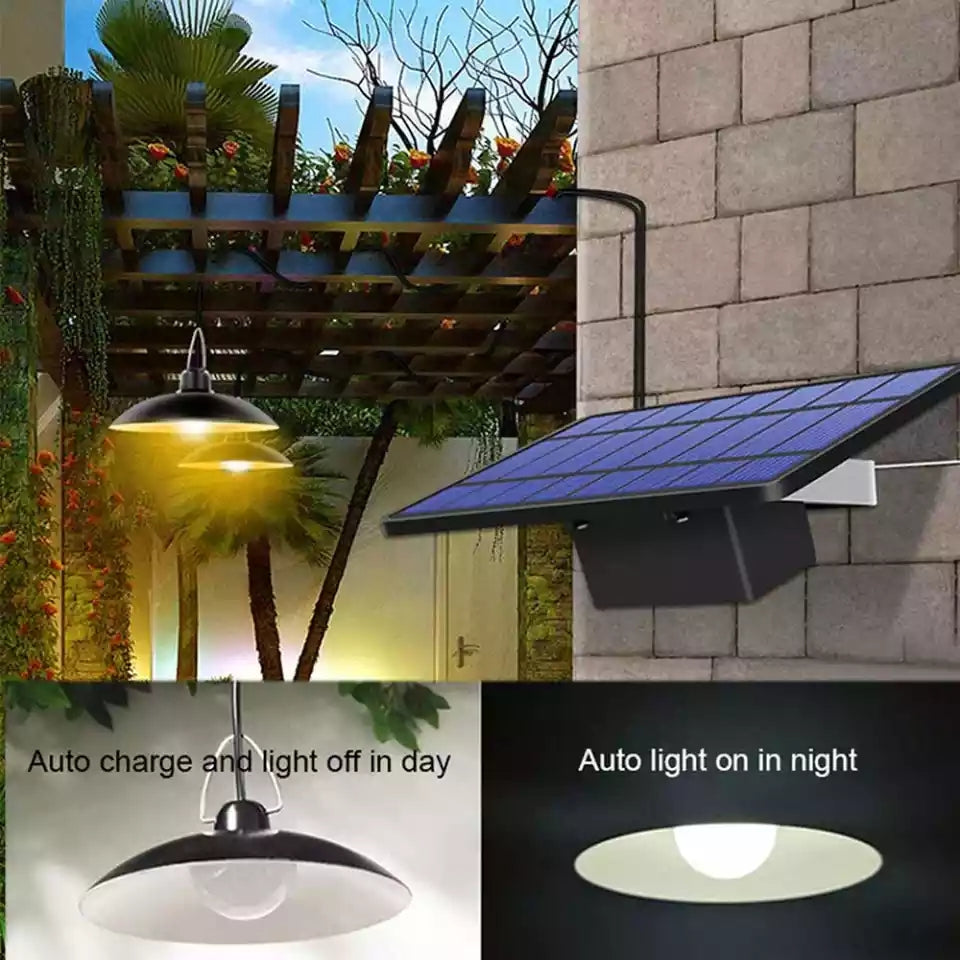 Complete outdoor solar LED lamp system. Wireless, remote-controlled for versatile garden, porch, shed light.
