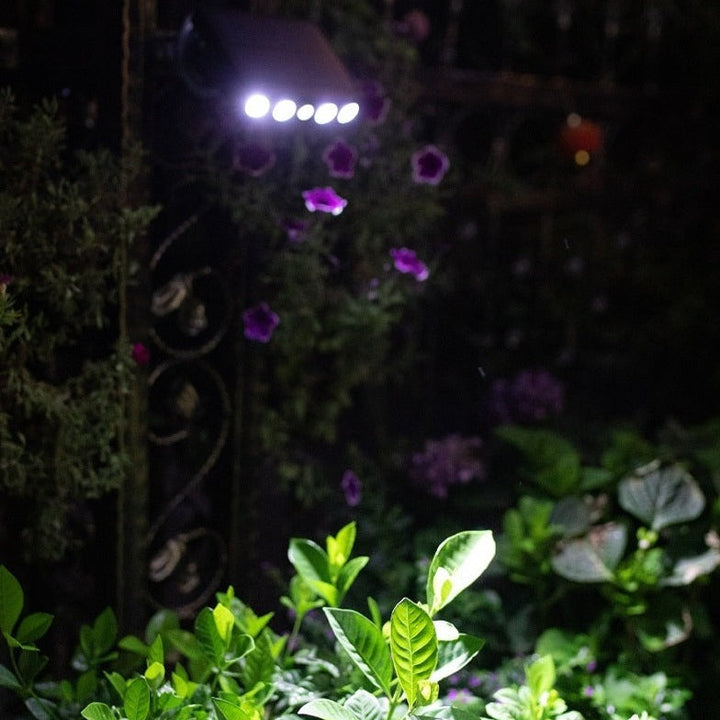 Close-up of a sleek black outdoor solar light, featuring a sensitive motion sensor