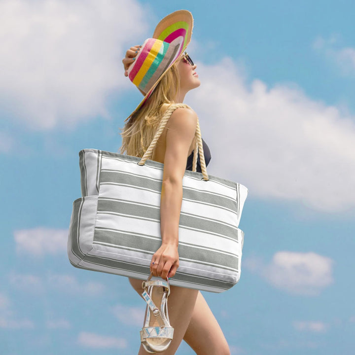 Stylish sandproof beach tote, oversized, for fashion-forward beach lovers.