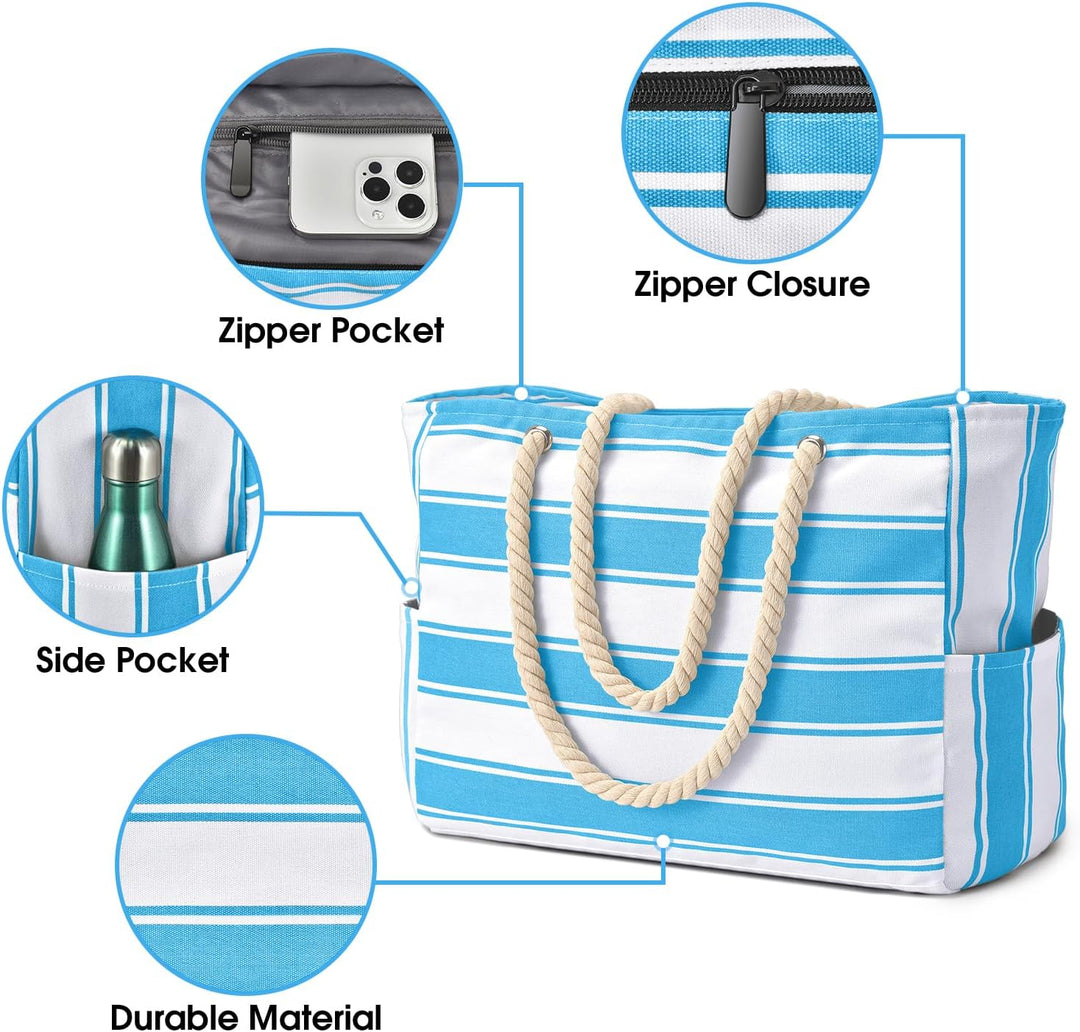Waterproof oversized beach bag with internal pockets for organization.