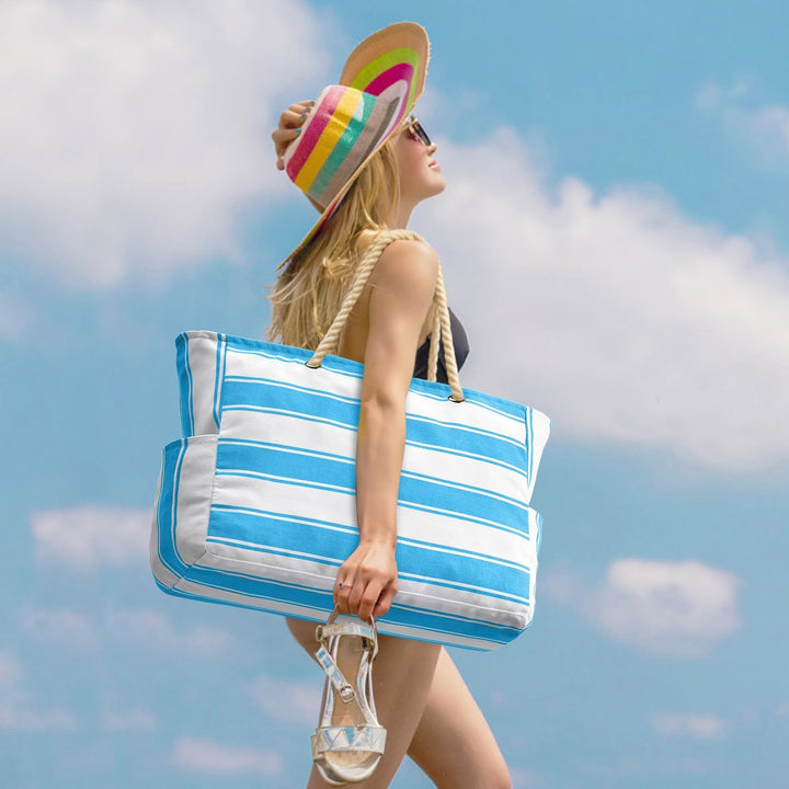 Stylish oversized beach bag, waterproof & sandproof, holding towels, toys & essentials.
