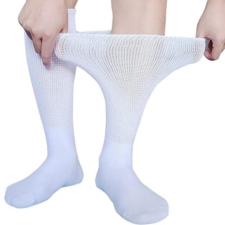 Folded grey extra wide lymphedema socks, emphasizing stretchable fabric for circulation and comfort.