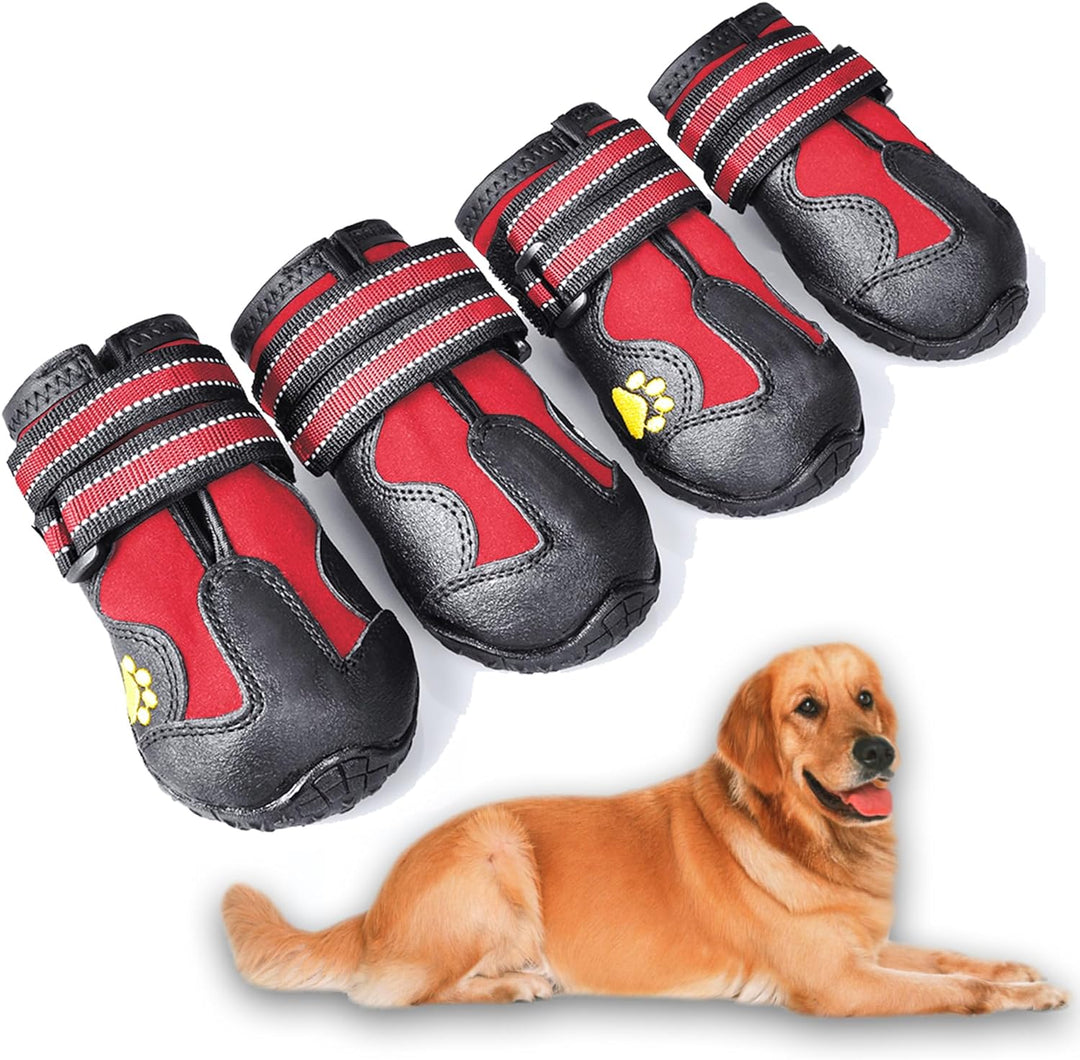 Assortment of all-weather dog boots in various angles, pet essential outdoor gear, anti-slip