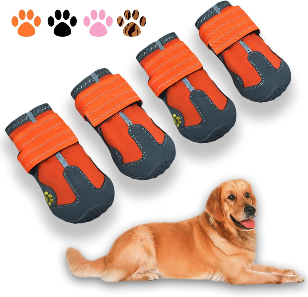 Dog wearing all-weather boots splashing in a puddle, demonstrating waterproof pet paw protection