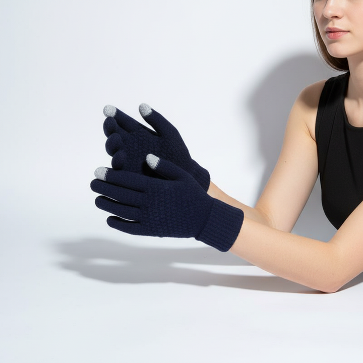 Detail shot of the thumb and index finger of a knitted touchscreen glove, illustrating the precise touch sensitive tips.