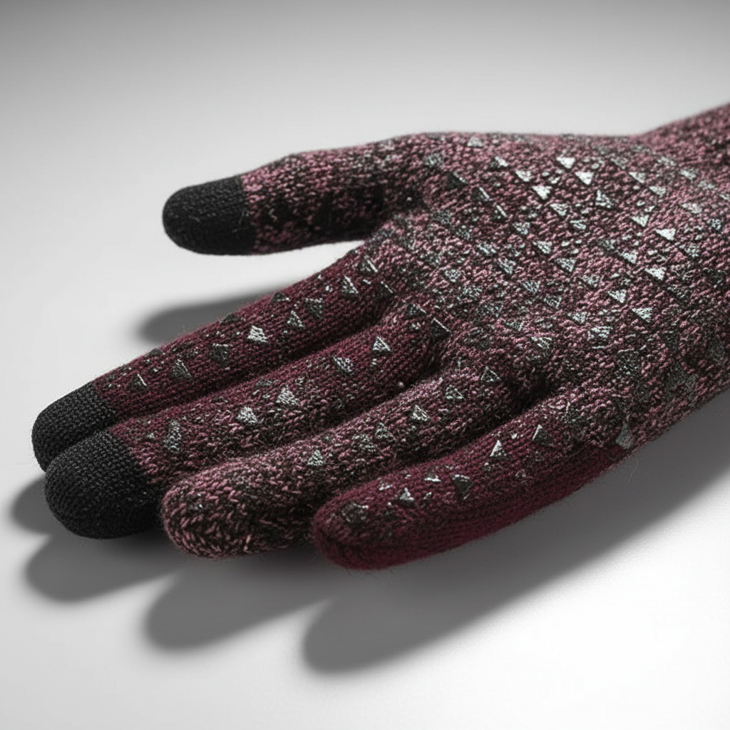 Model wearing Unisex Thermal Knitted Touchscreen Gloves, demonstrating touchscreen compatibility.