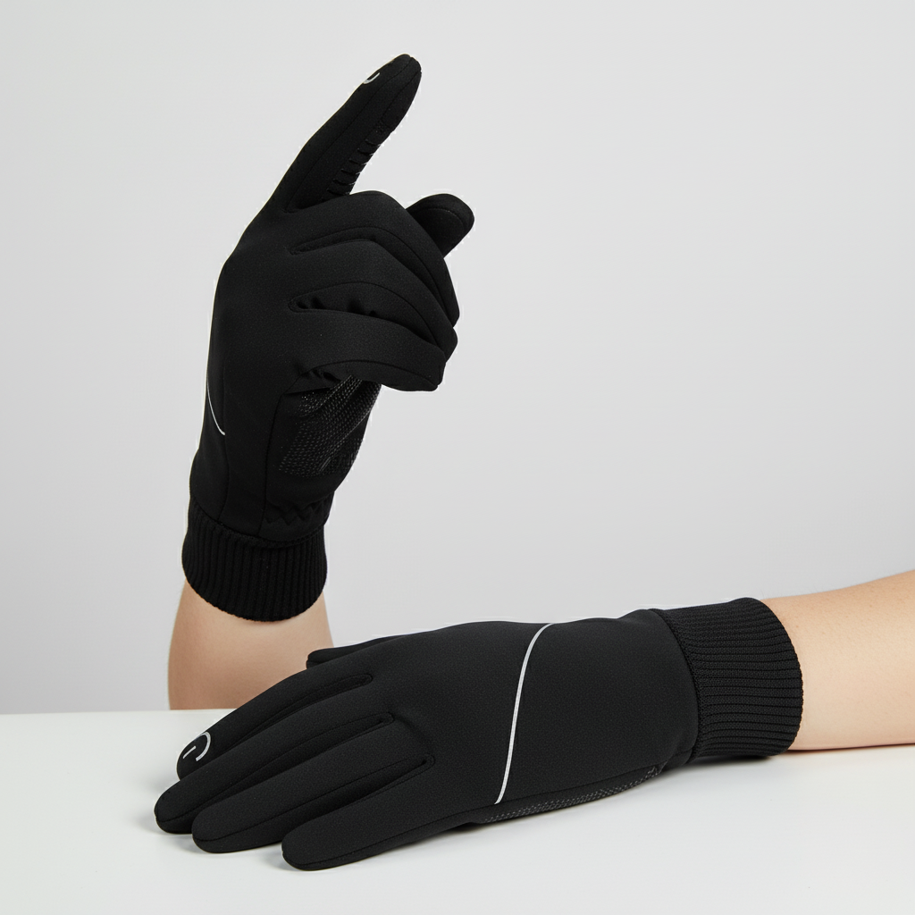 Close-up of the index fingertip of a black ThermoTouch Winter Glove, highlighting the touchscreen compatibility feature
