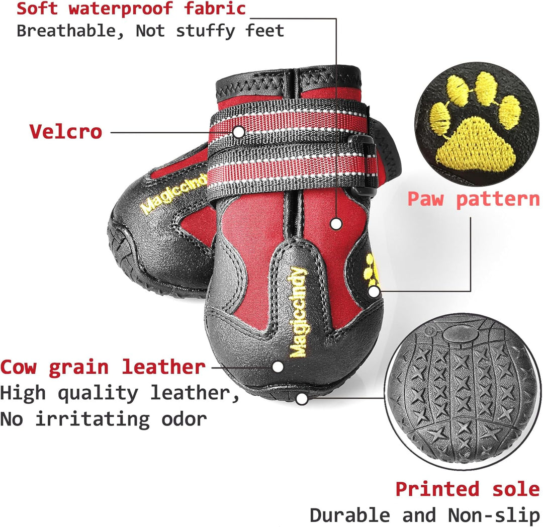 Front view of a dog paw protector boot, showcasing the waterproof material and secure fastening