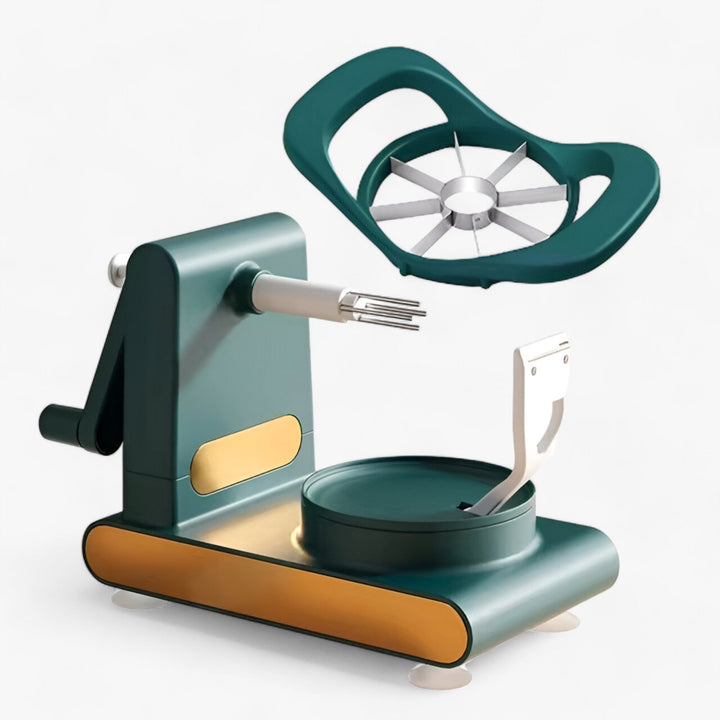 Green manual fruit peeler, PeelEase kitchen tool for efficient apple peeling and food preparation.