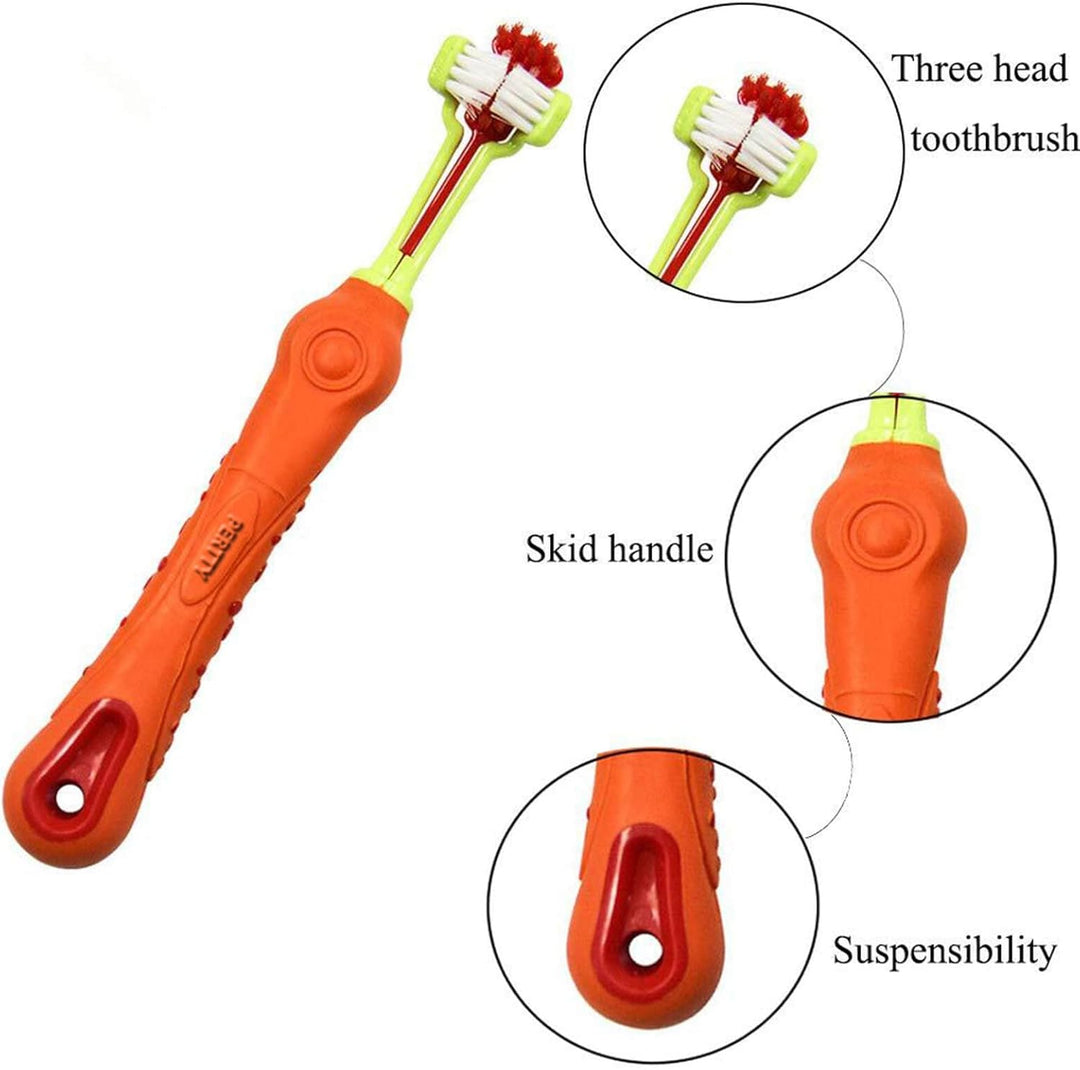 Hand holding a Pet Tri-Sided Dog Toothbrush, ready for pet grooming & oral care routine