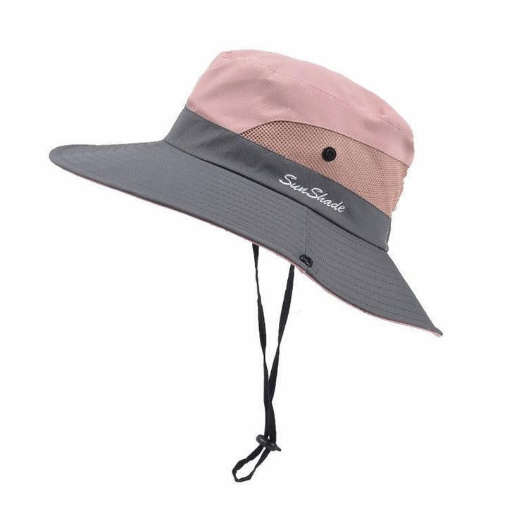 Packable pink wide brim sun hat for women, offering reliable UV protection.